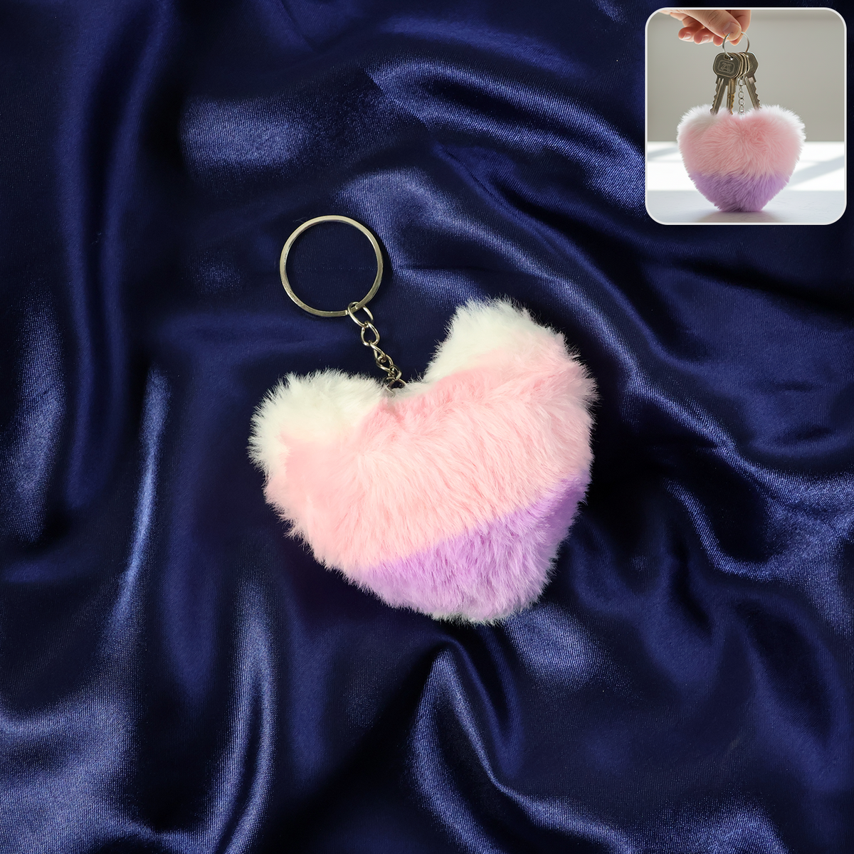 Pink and purple plush heart keychain with durable metal ring Main image