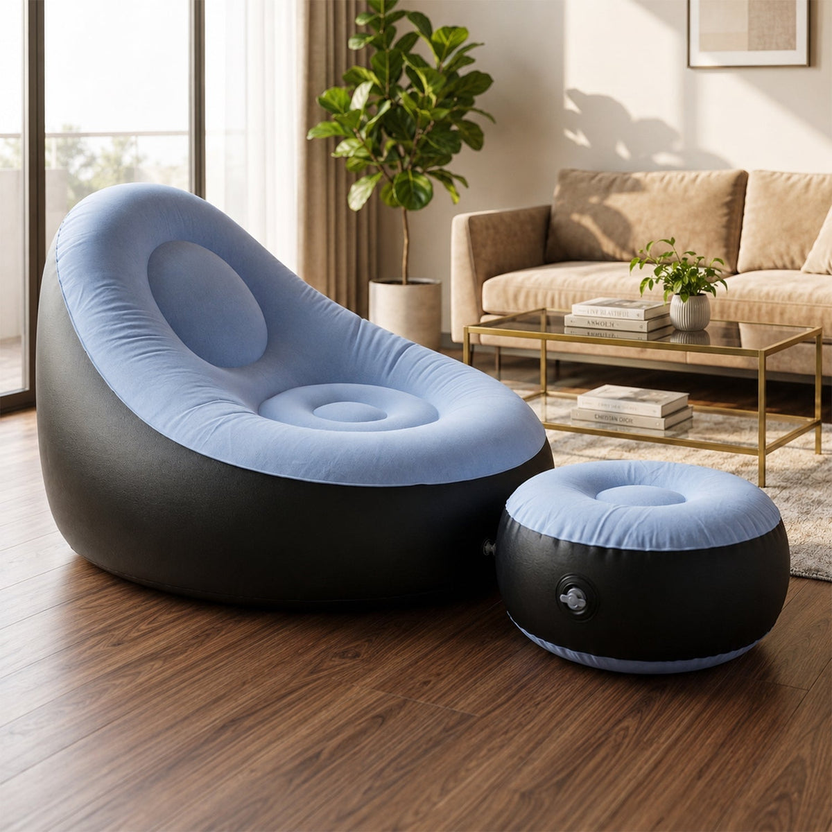 Inflatable sofa chair with footstool and pump set for outdoor use Main image