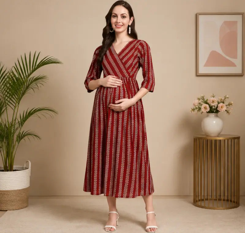 Women's Rayon Feeding Kurti – Printed A-Line 3/4 Sleeve Maternity & Nursing Kurta