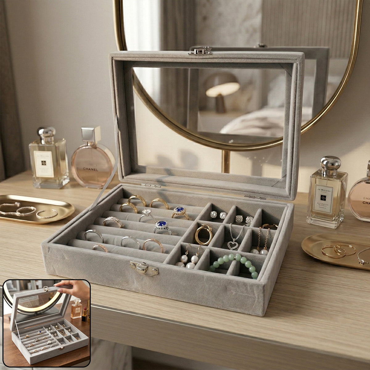 Velvet jewellery organizer box with transparent lid and multiple compartments for jewelry storage Main image