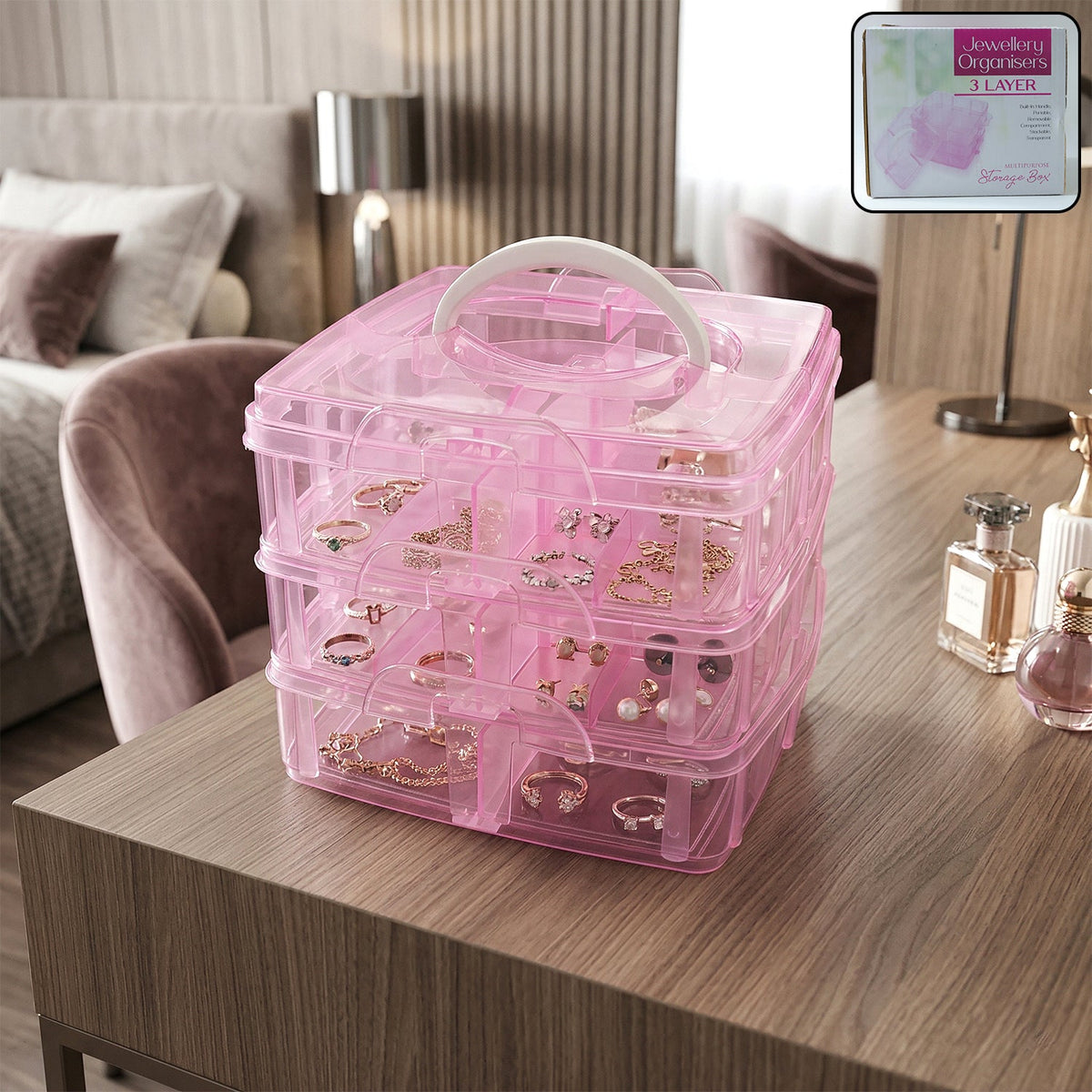 3-tier craft storage box with 18 adjustable clear compartments for organized crafting Main image