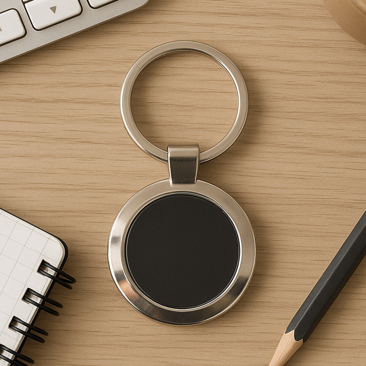 Round metal keychain with black center and chrome finish on white background. Main image