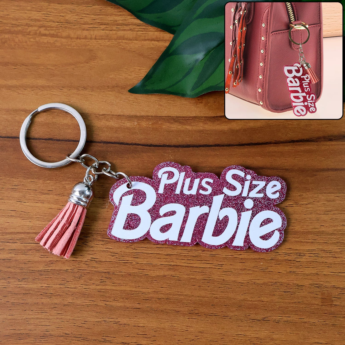 Plus Size Barbie text keychain with glitter finish and tassel charm Main image