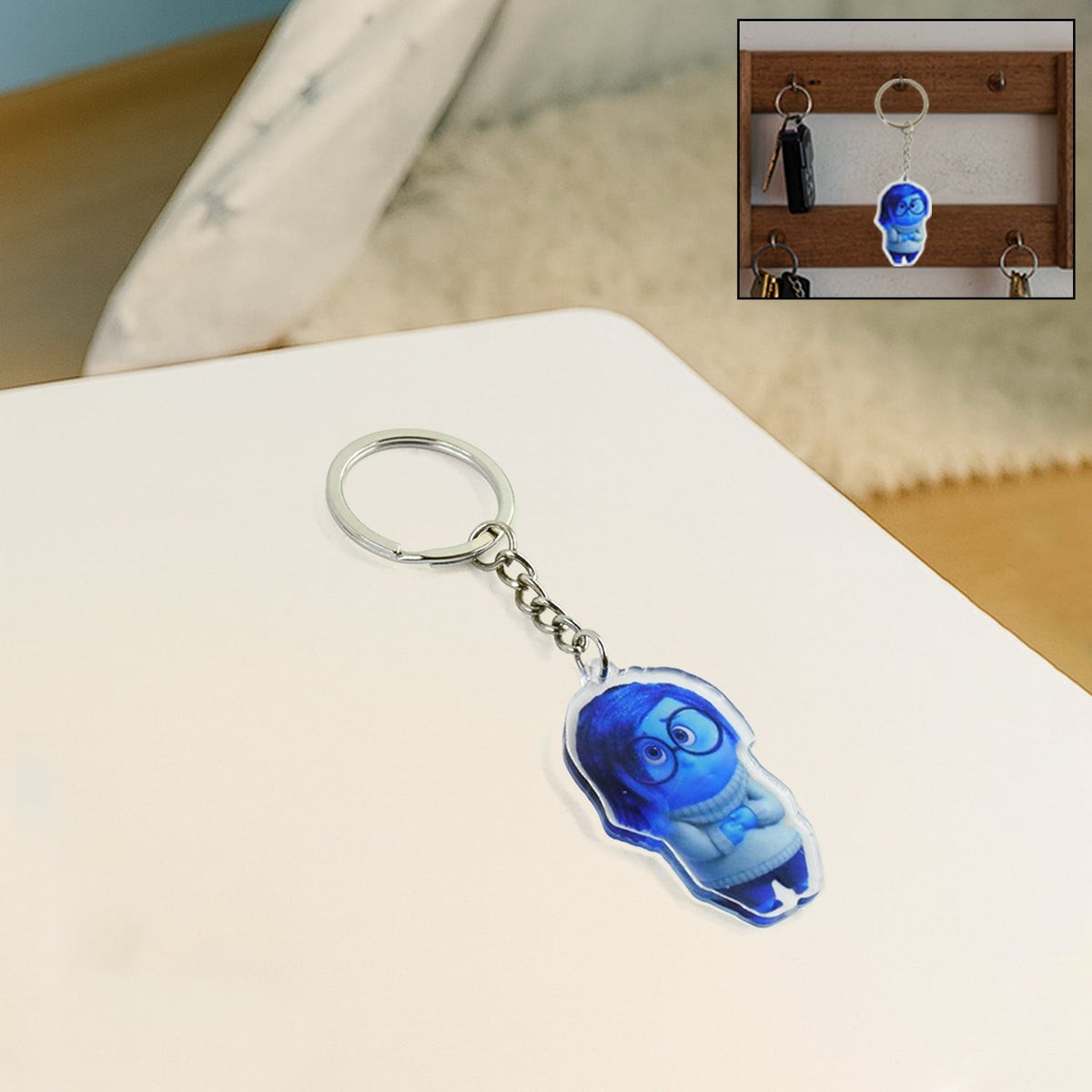 Blue cartoon character acrylic keychain with metal ring for keys and bags Main image