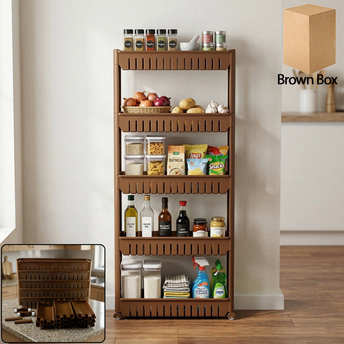 Kitchen storage rack with five shelves and wheels for easy mobility Main image