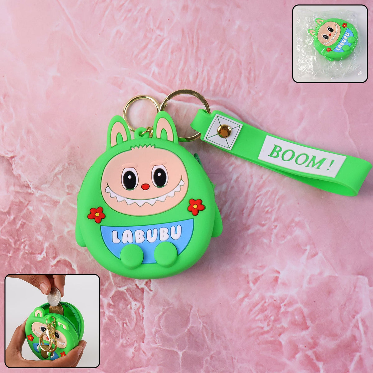 Cartoon coin pouch with keychain and wrist strap in cute character design Main image