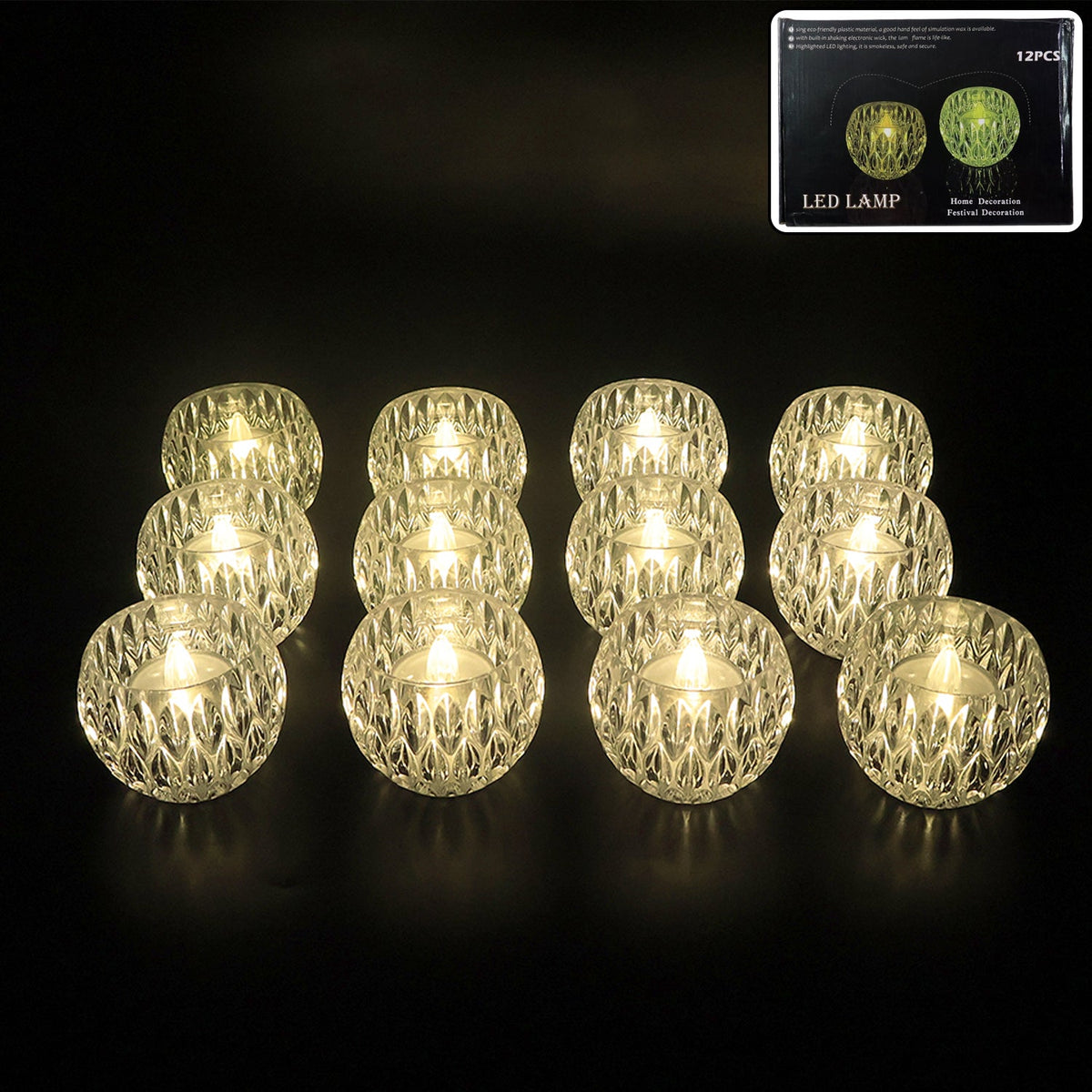Set of 12 crystal style LED decorative lamps with warm yellow glow Main image