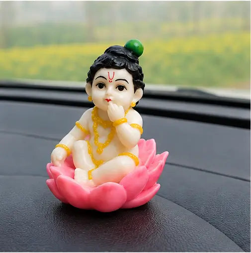 Baby Krishna Idol Sitting on Lotus, Premium Resin Murti for Pooja Room & Home Décor, Cream, 1 Pc