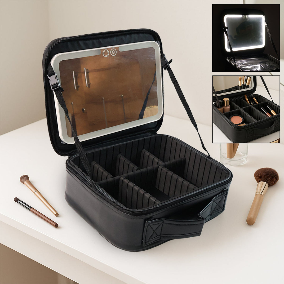Black LED light makeup organizer box with touch sensor mirror and USB charging port Main image