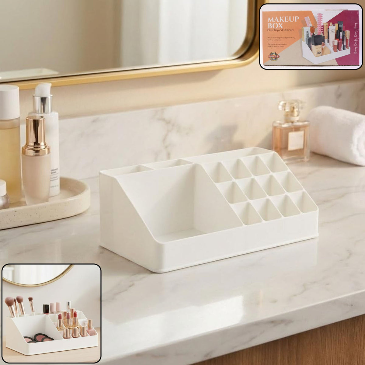 Clear makeup organiser with a drawer and multiple top compartments. Main image