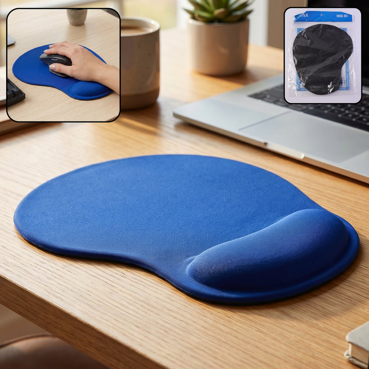 Blue ergonomic wrist rest mouse pad with soft support cushion for comfortable computer use. Main image