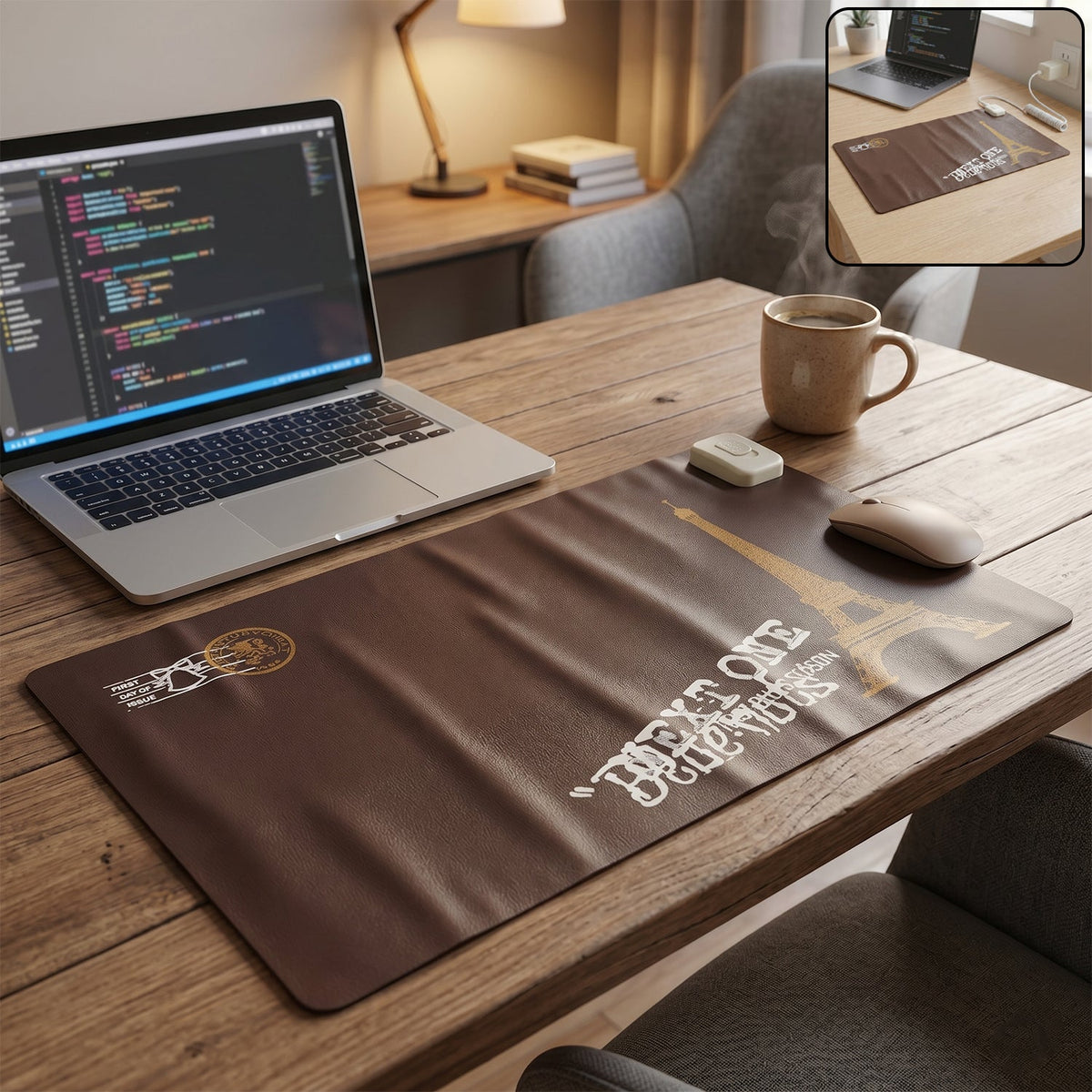 Electric heated mouse pad with adjustable temperature control on a desk. Main image