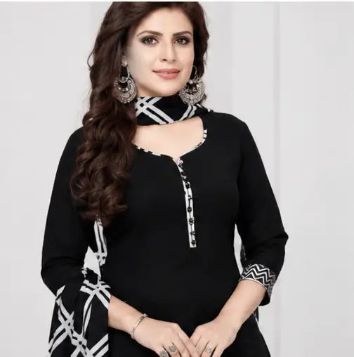 Women's Black Solid Crepe Suit Dress Material with Chiffon Dupatta – Unstitched 3-Piece Ethnic Set