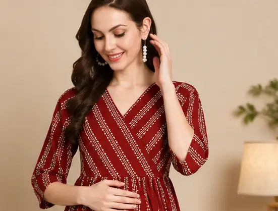 Women's Rayon Feeding Kurti – Printed A-Line 3/4 Sleeve Maternity & Nursing Kurta
