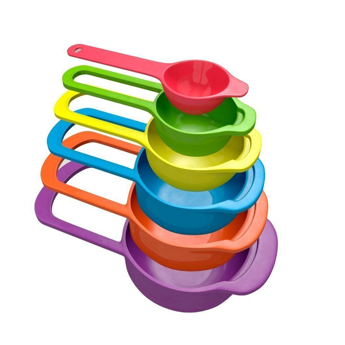 Set of 6 colorful plastic measuring spoons in various sizes, neatly arranged. Main image