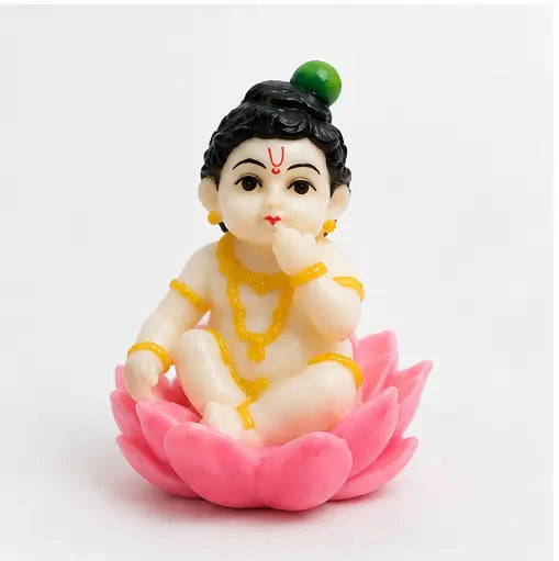 Baby Krishna Idol Sitting on Lotus, Premium Resin Murti for Pooja Room & Home Décor, Cream, 1 Pc