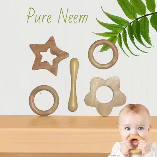 Neem Wood Baby Teether Combo Set of 5 | Natural Wooden Teething Toys | Safe BPA-Free Wooden Teethers for Newborns & Infants