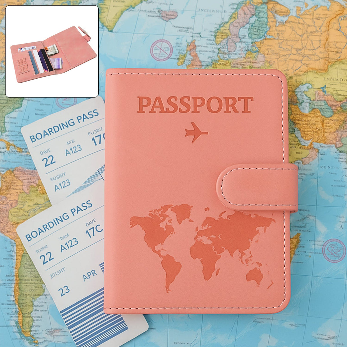 Travel passport holder featuring elegant embossed world map design Main image