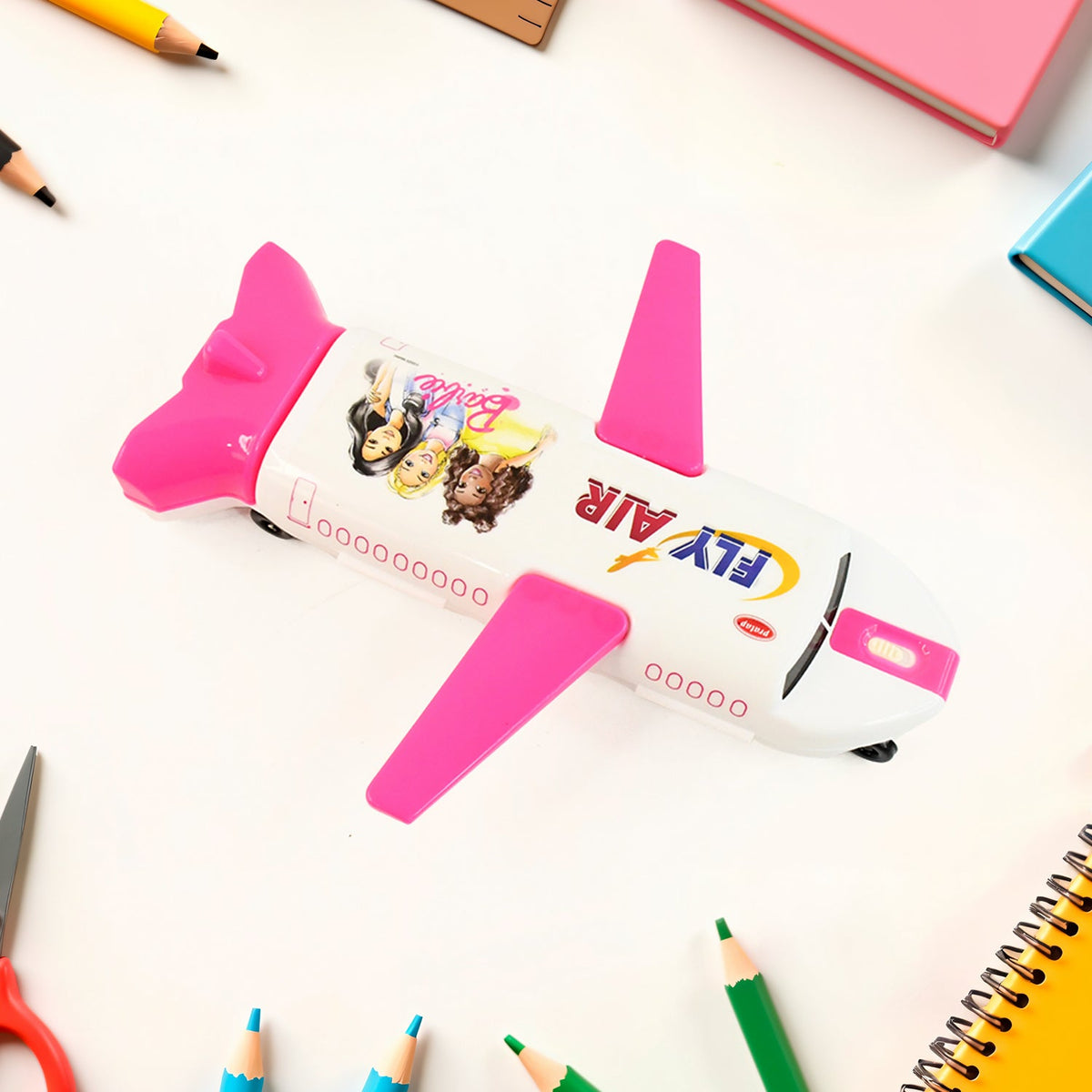 Colorful airplane pencil box with LED light and multiple compartments. Main image
