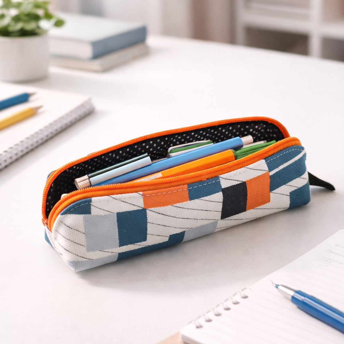 Front view of designer fabric zipper pencil pouch with stylish print Main image