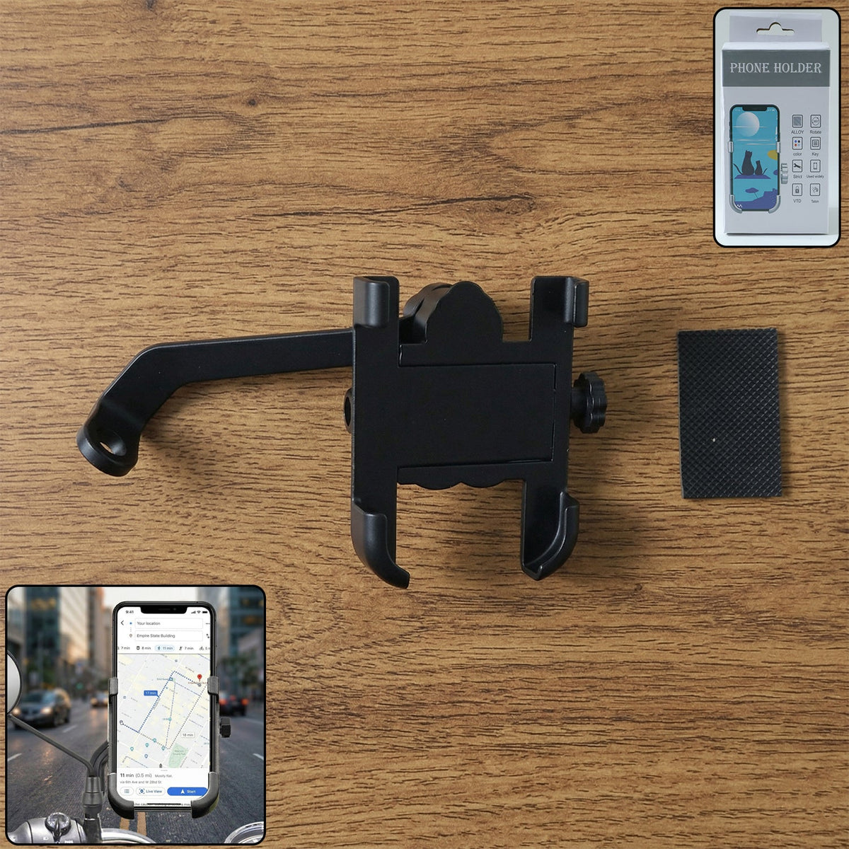 A sturdy metal bike phone holder securely mounted on a motorcycle's rear view mirror, ready for navigation. Main image