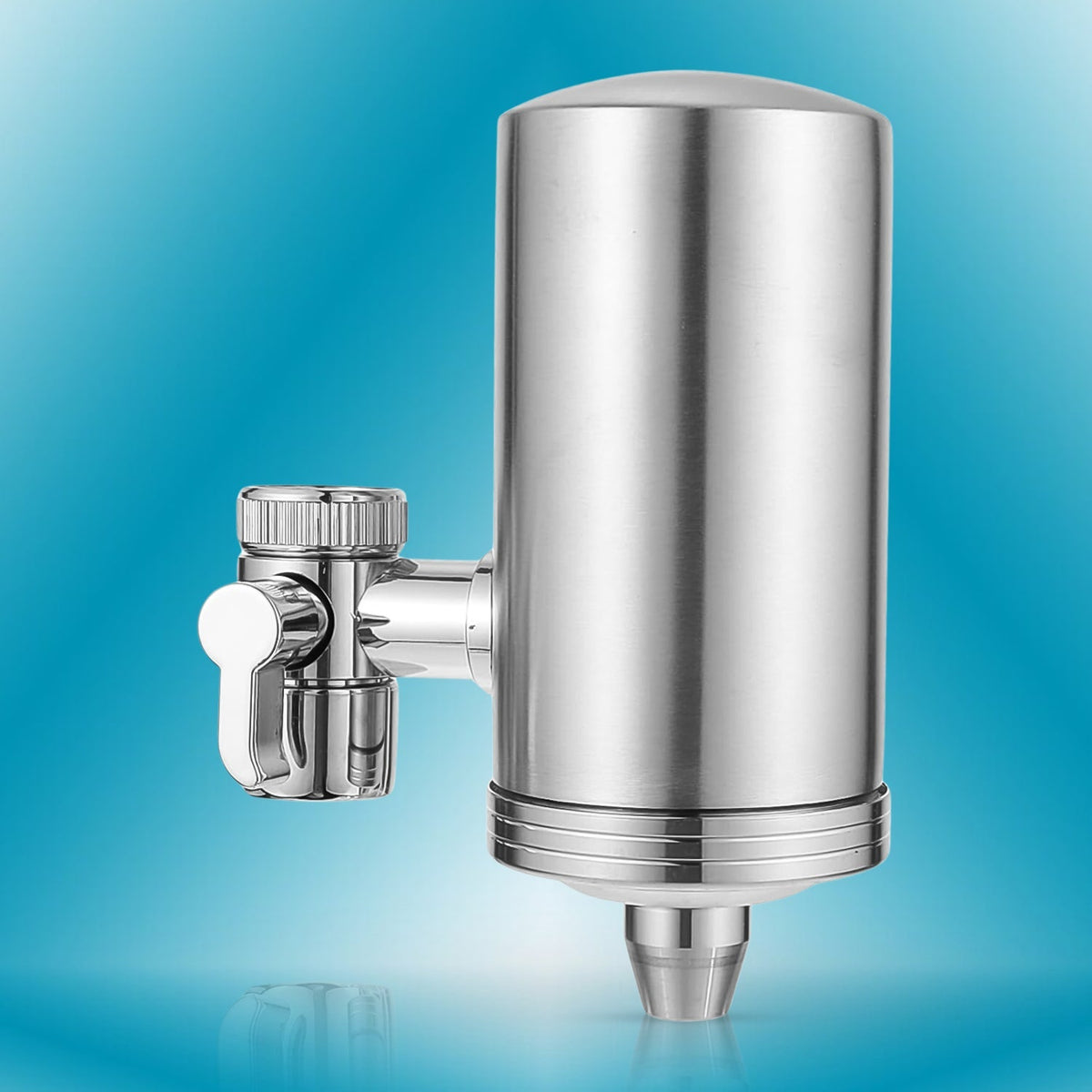A sleek 304 stainless steel faucet water filter elegantly installed on a modern kitchen sink, providing clean water. Main image