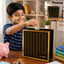 Wooden piggy bank money box with detailed carved design for kids saving money