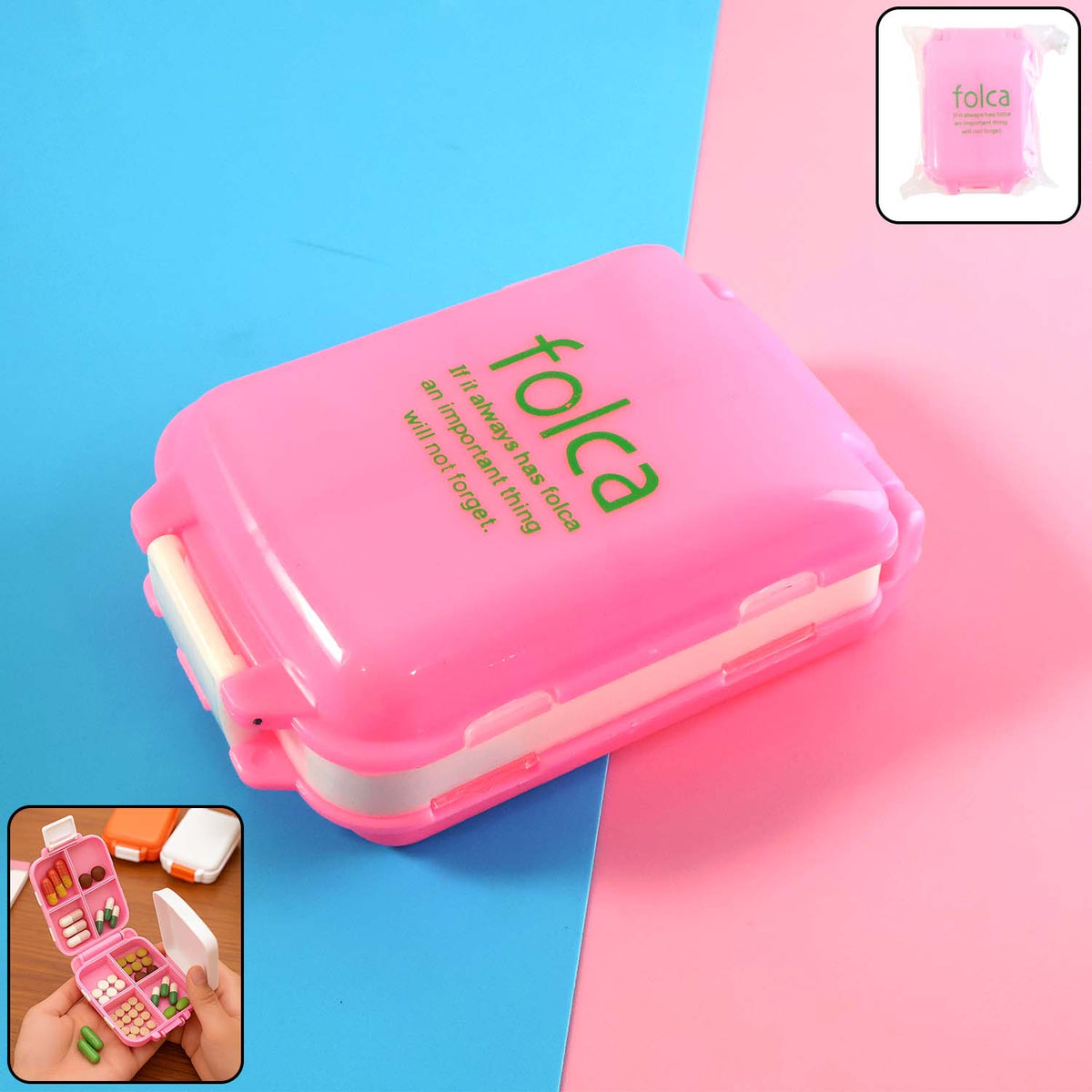 Pink dual-sided pill organizer box closed to prevent spills Main image