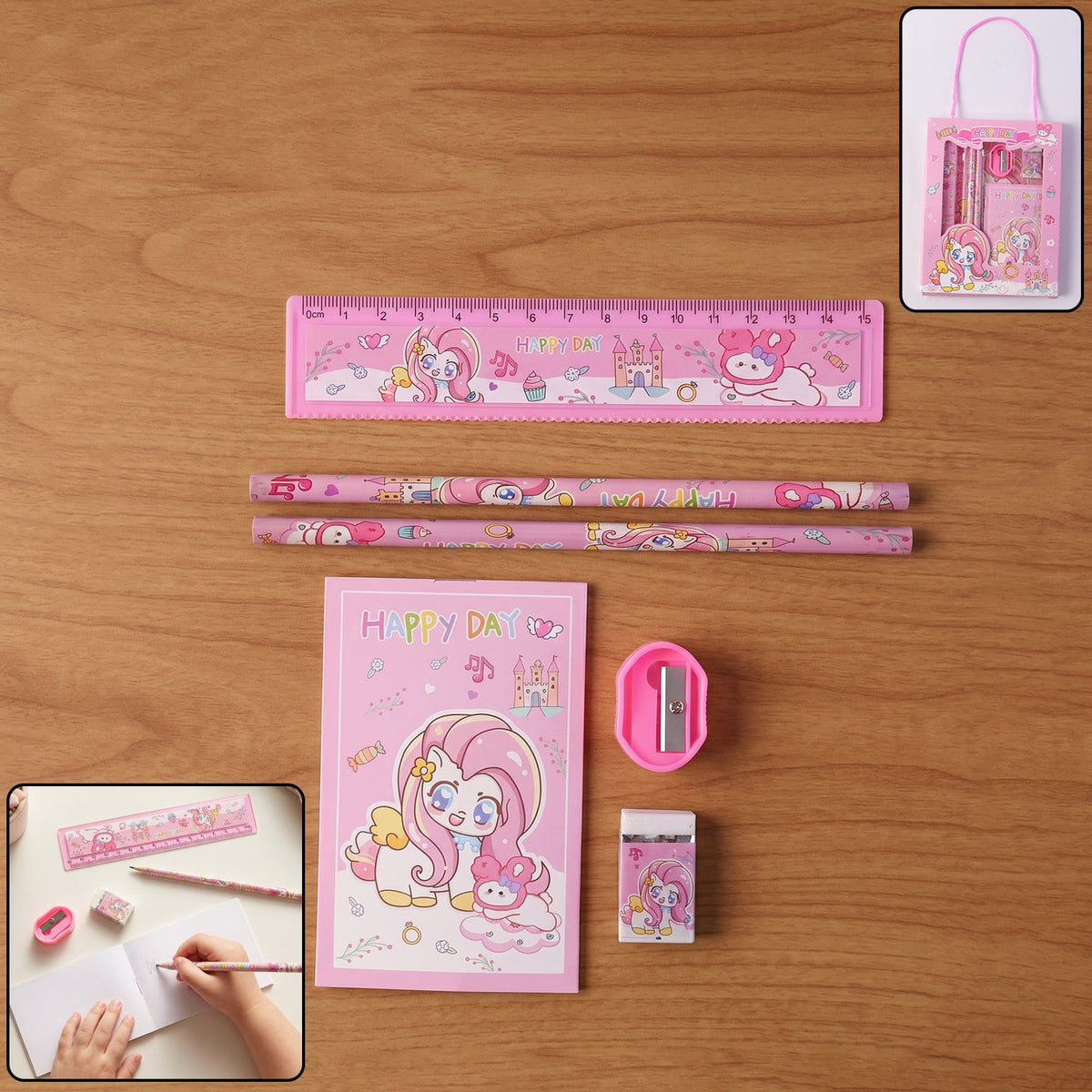 Cartoon unicorn stationery set with colorful school supplies Main image