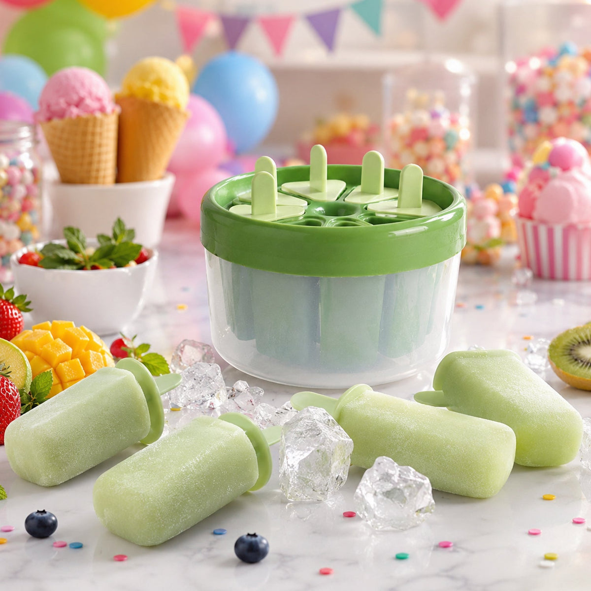 Plastic ice candy popsicle maker in a party setting showing colorful frozen treats Main image