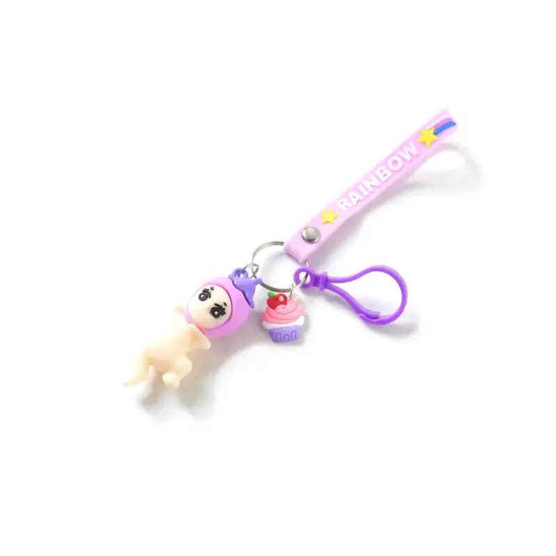 Doll Cupcake Keychain with Rainbow Strap – Cute Cartoon Keyring for Bags, Backpacks & Gifts