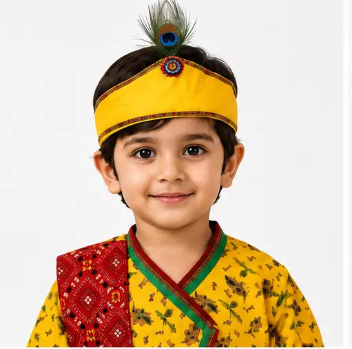 Traditional Krishna Dress for Kids with Printed Kurta, Dhoti Pants, Peacock Feather Headband & Flute, 7-9 Years, 1 Set Secondary image