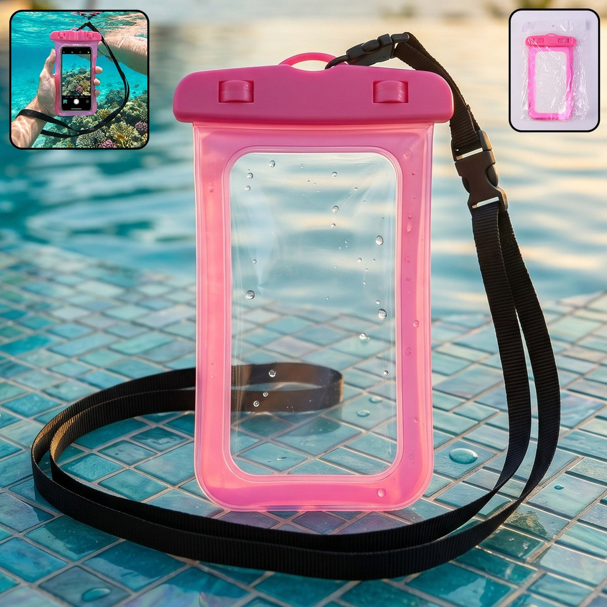 Pink waterproof mobile pouch cover with transparent front and back for phones up to 7" Main image