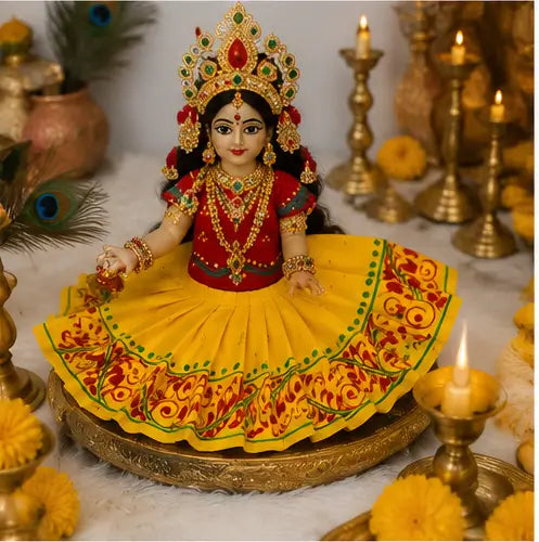Hand Painted Laxmi Ma Saree with Blouse, Yellow Cotton Saree, Traditional Bengali Puja Dress, 1 Pc