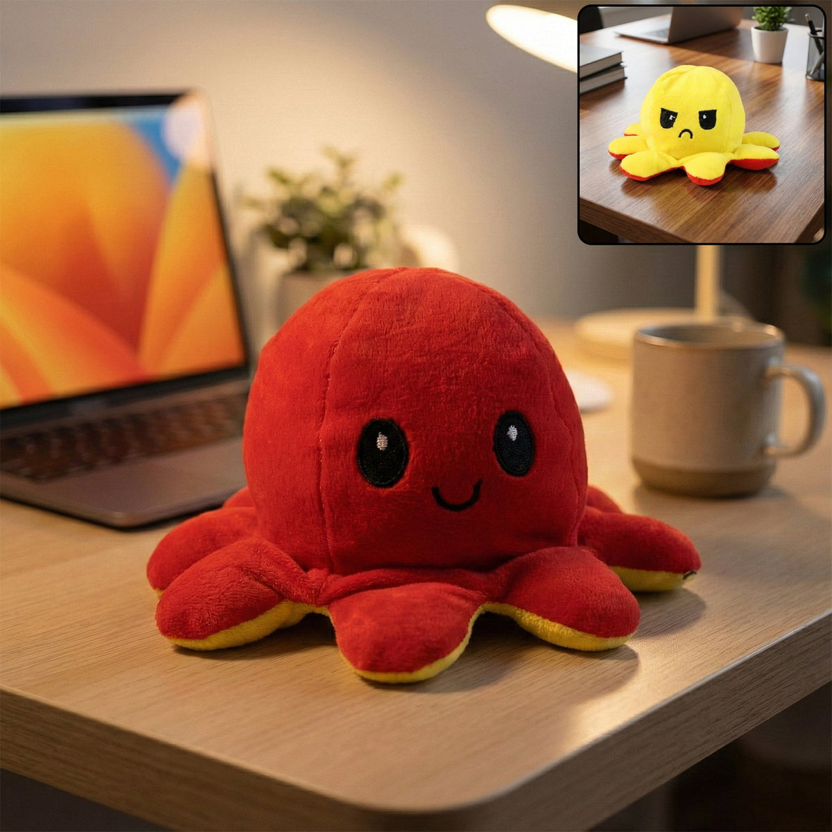 Reversible octopus plush toy showing happy face on soft desk decor Main image