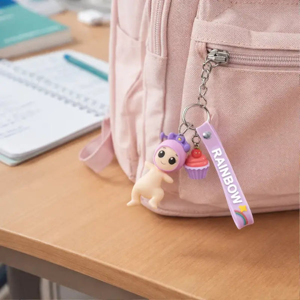 Doll Cupcake Keychain with Rainbow Strap – Cute Cartoon Keyring for Bags, Backpacks & Gifts