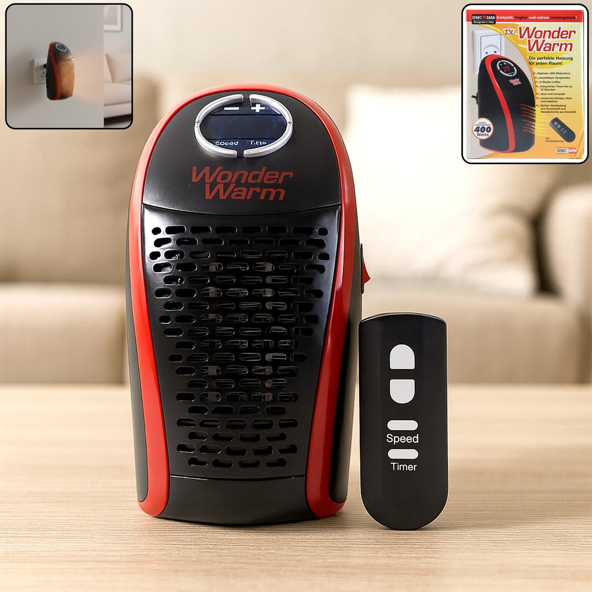 Front view of 400W wall plug room heater with black and red finish Main image
