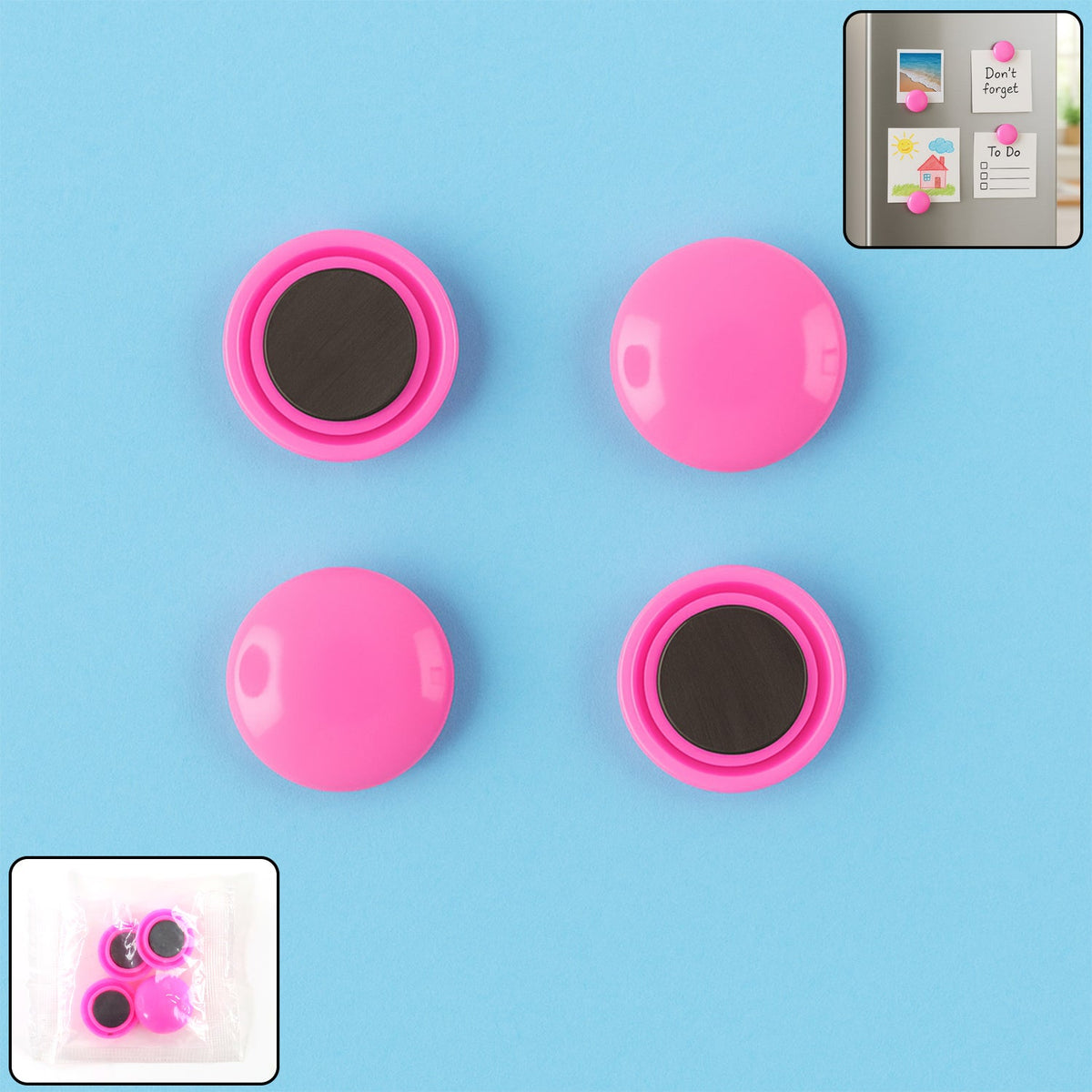 Round Fridge Magnets in a pack of four, showcasing vibrant colors on a white background. Main image