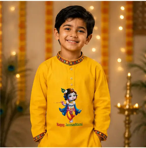 Boys Yellow Little Krishna Printed Cotton Blend Kurta & Lace Work Pyjama Set, 3 Months to 4 Years, 1 Set