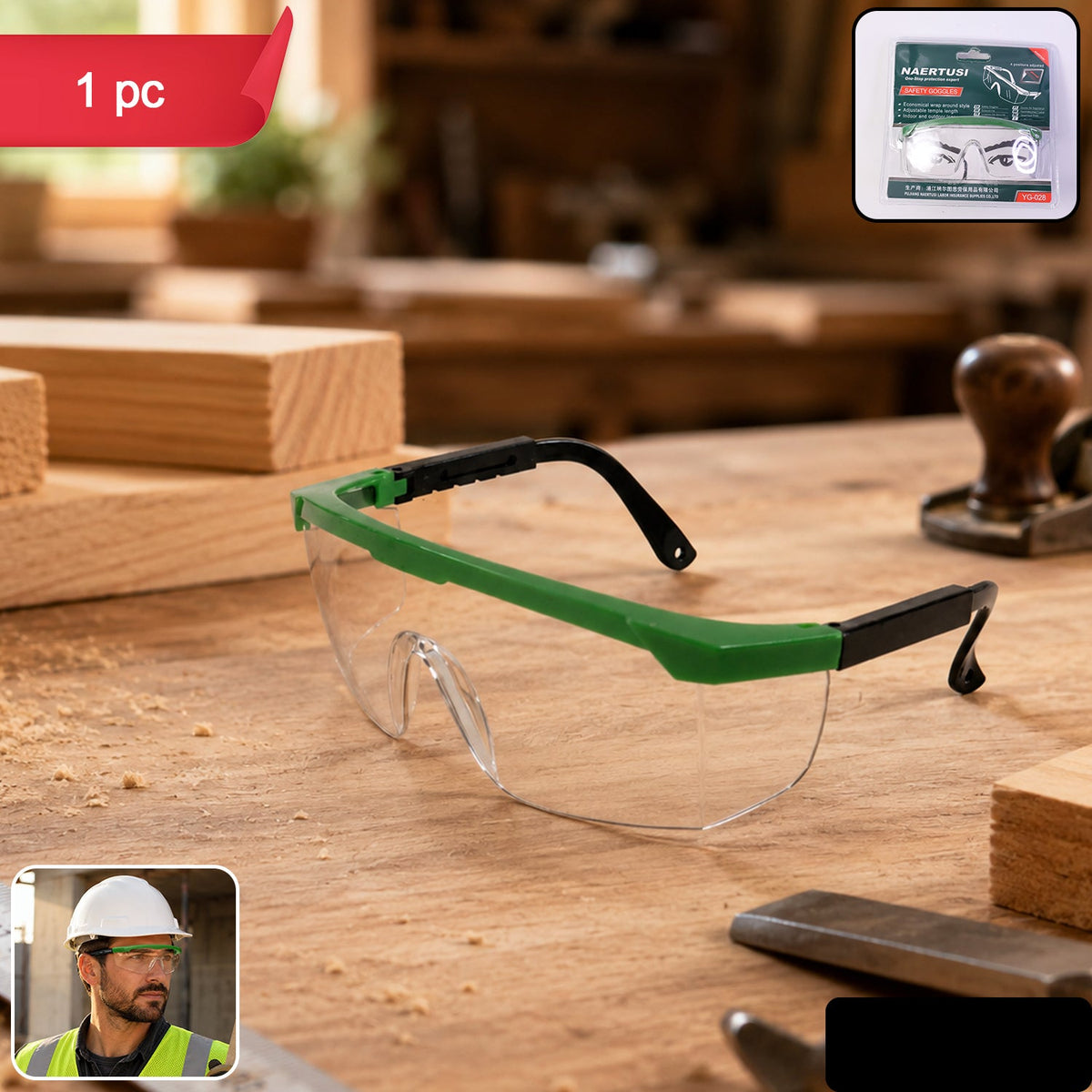 Impact-resistant safety goggles with adjustable temples and clear polycarbonate lens Main image