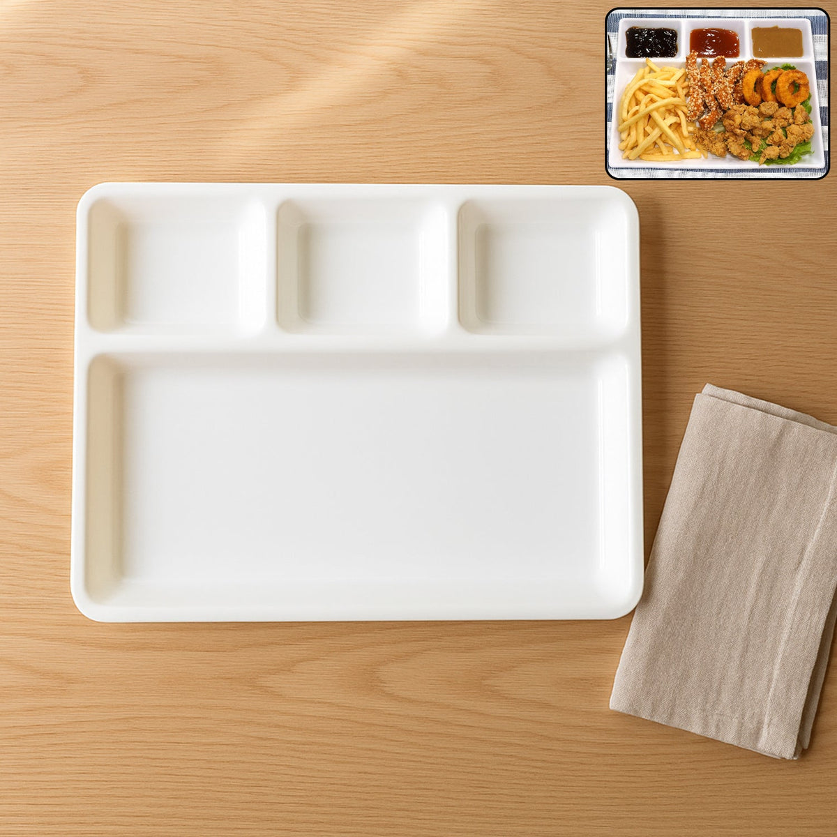 White 4-compartment serving tray for organized meals. Main image
