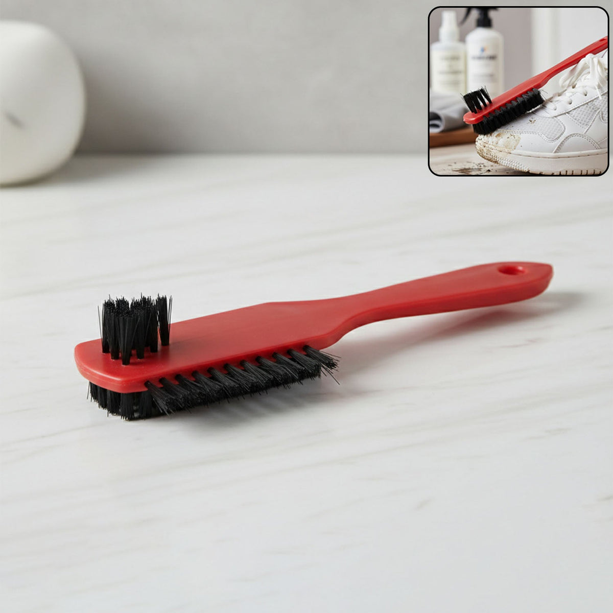 Dual-sided shoe cleaning brush with ergonomic handle for comfortable grip Main image
