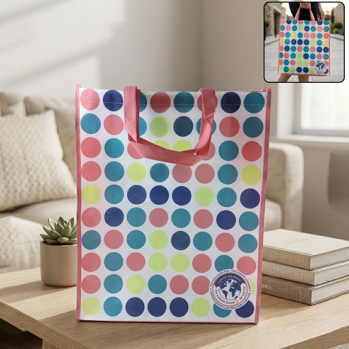 Large printed reusable shopping tote bag with vibrant design Main image