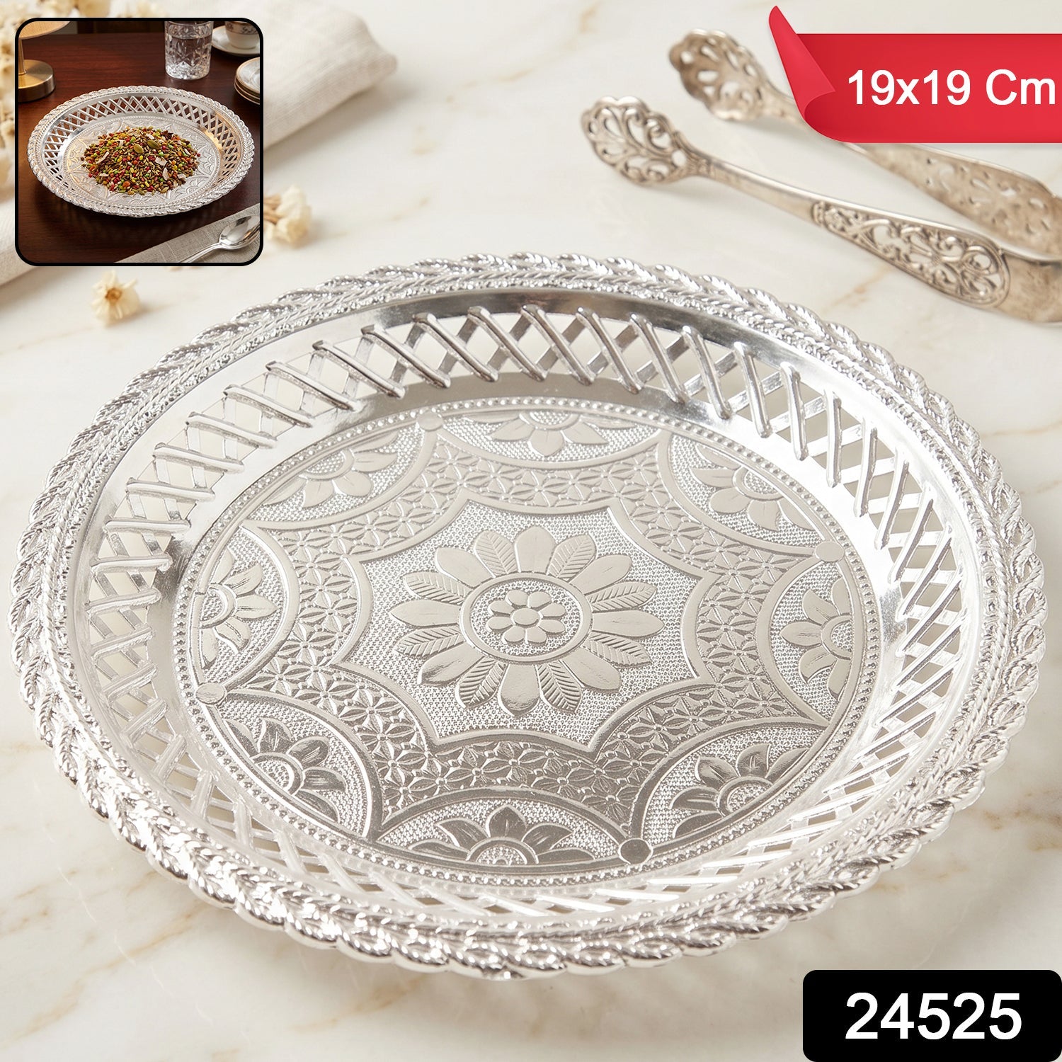 Decorative Silver Serving Tray – Elegant Round Floral Design Secondary image