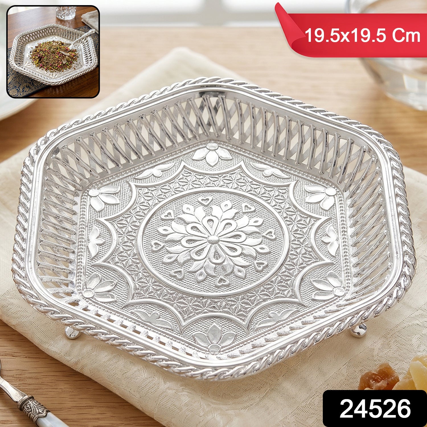 Decorative Silver Serving Tray – Traditional Embossed Floral Design Secondary image