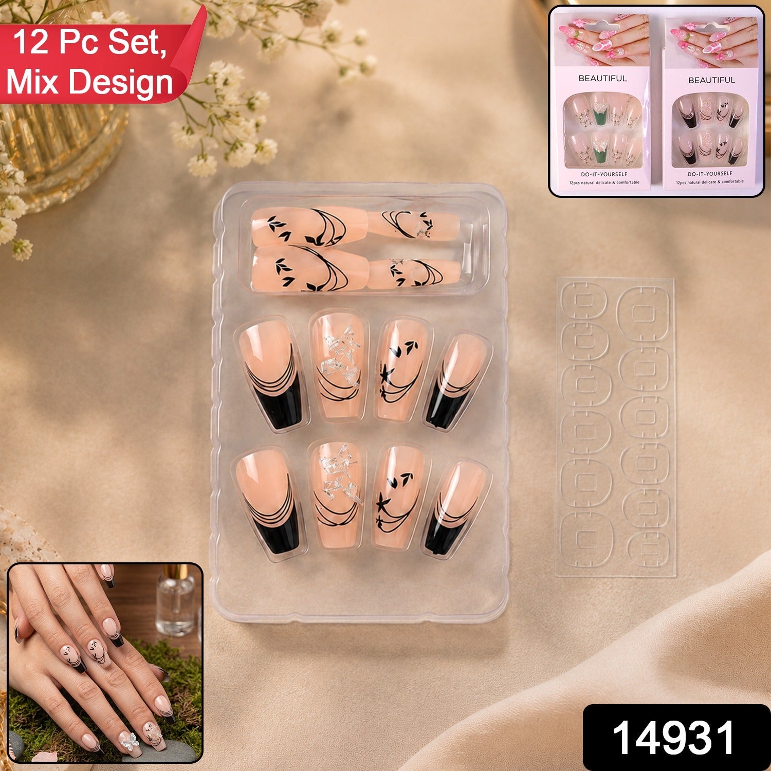 Burgundy Artificial Press-On Nails – Reusable Floral Set (Mix Design) Secondary image