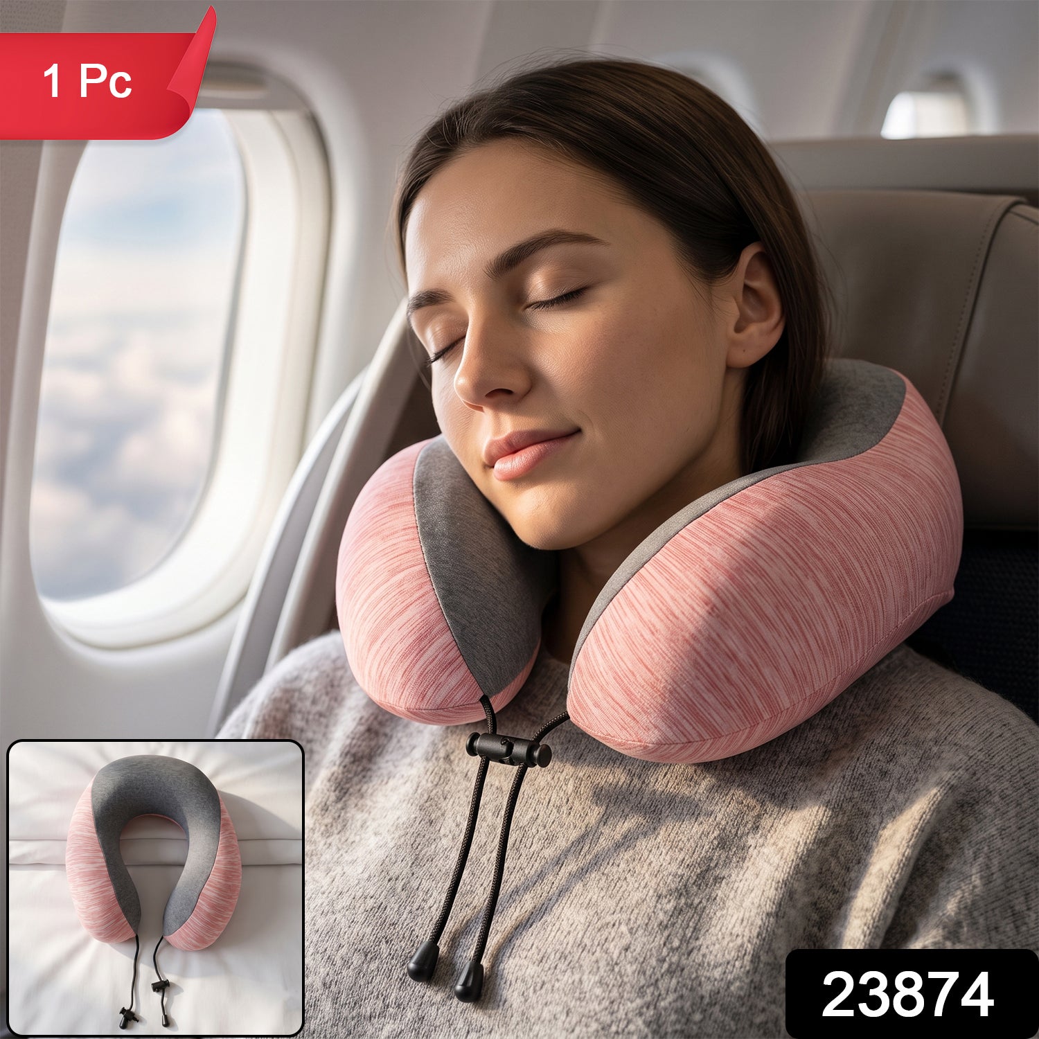 U Shaped Travel Neck Pillow Pink Grey with Drawstring Toggle (1 Pc) Secondary image