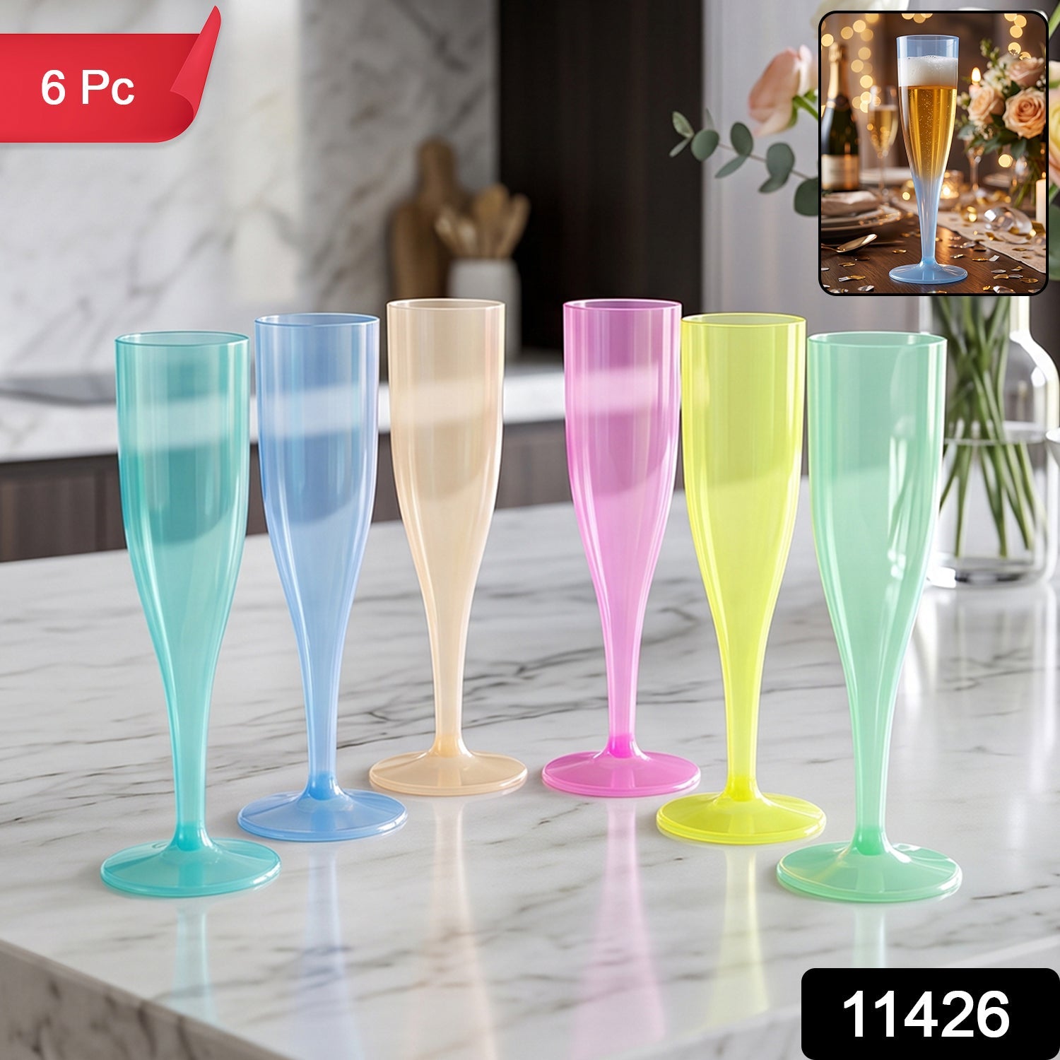 Reusable Plastic Champagne Flutes Wine Glasses Set Assorted Colours (6 Pc Set) Secondary image