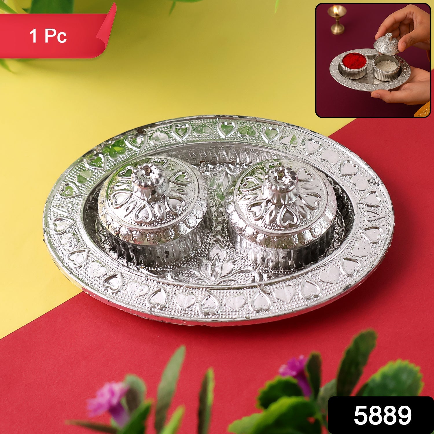 Oval Puja Thali with Kumkum Holders – Traditional & Durable Design Secondary image