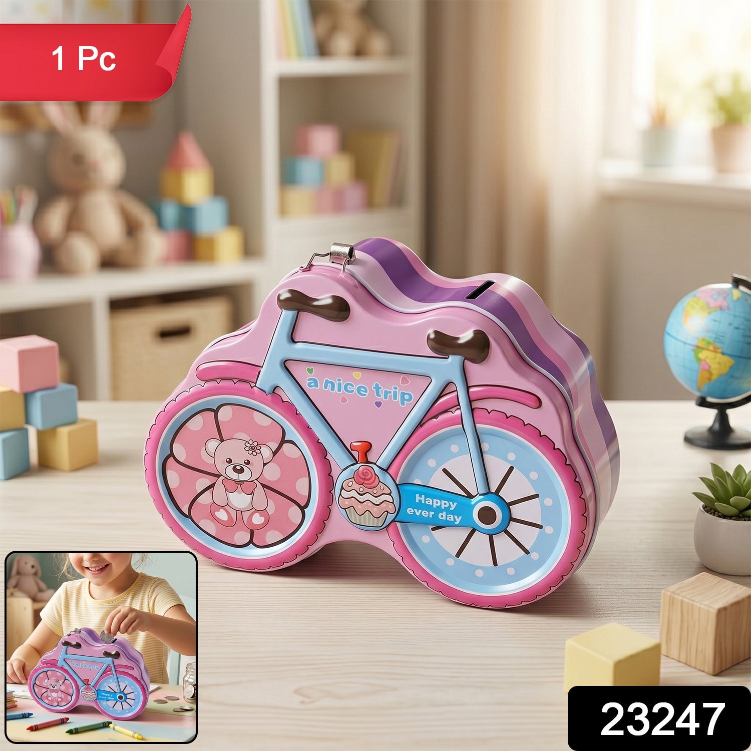 Bicycle Shape Piggy Bank – Colourful Kids’ Saving Toy with Lock Secondary image